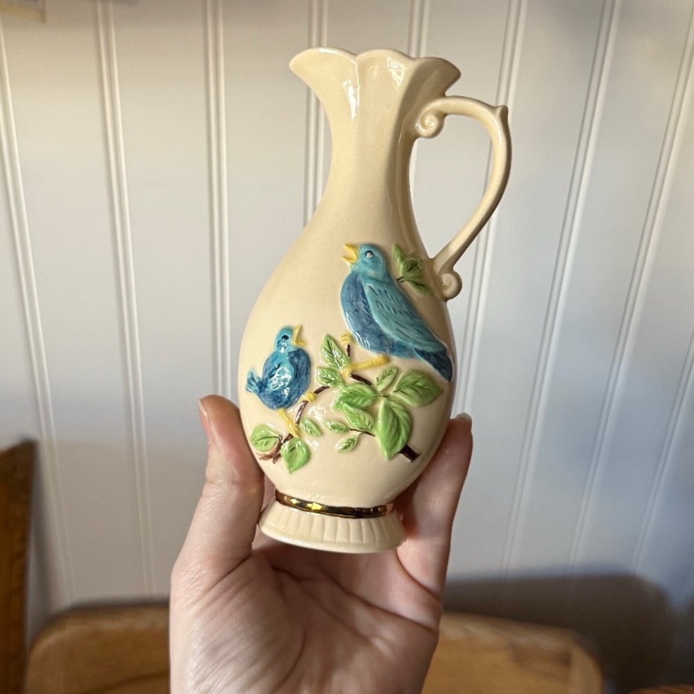 Cream Vase with Blue Bird Design